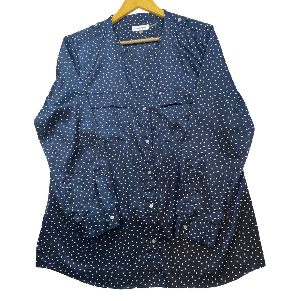Calvin Klein Blouse XL Navy Polka Dot  Women's Classic Silky Stretch Top Office‎ - Picture 6 of 13